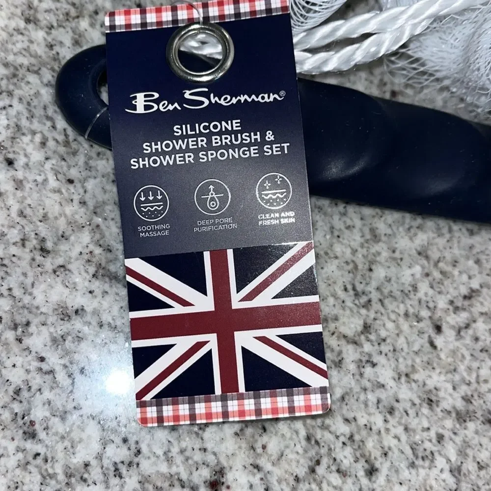 New Ben Sherman 2-PK Body Silicone Brush and Shower Bath Scrub Fun Sponge set